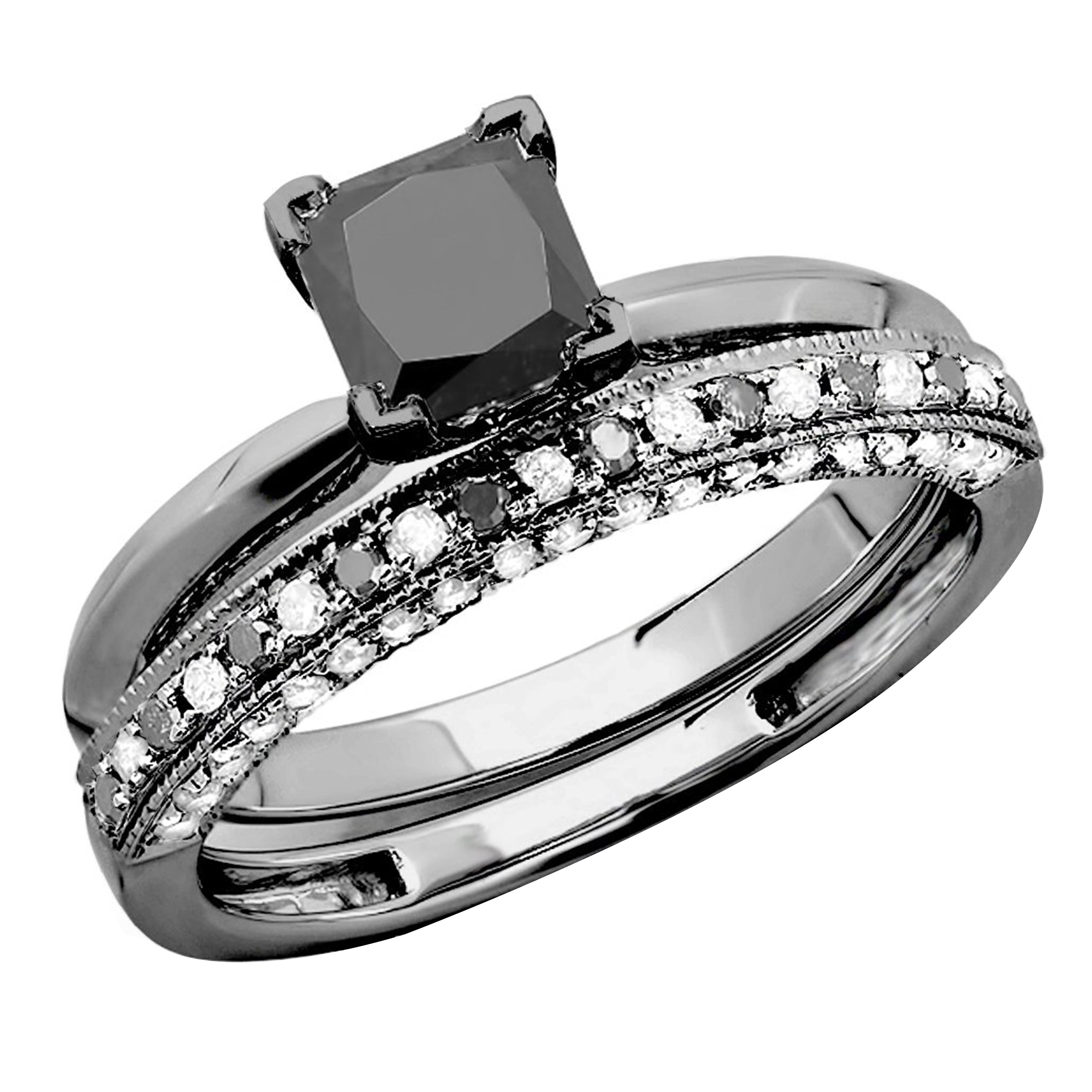 Dazzlingrock Collection Princess & Round Black and White Diamond Wedding Ring Set for Women (1.50 ctw, Color I-J, Clarity I2-I3) in Black Plated 10K White Gold, Size 8