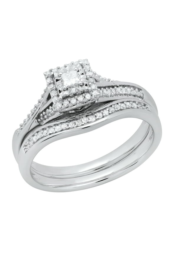 Collection Princess & Round White Diamond Bridal Ring Set for Women (0.25 ctw, Color I-J, Color I2-I3) in 925 Sterling Silver, Size 7