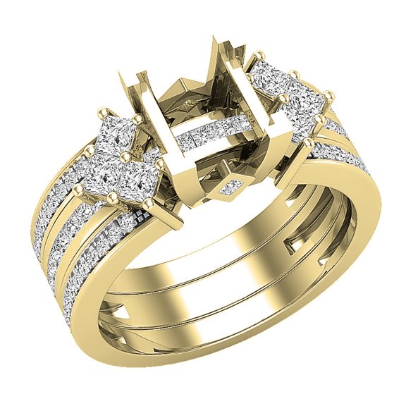 Dazzlingrock Collection Princess & Round White Diamond Bridal Semi Mount Engagement Ring Set for Women (1.05 ctw, Color I-J, Clarity I1-I2) in 18K Yellow Gold, Size 7.5