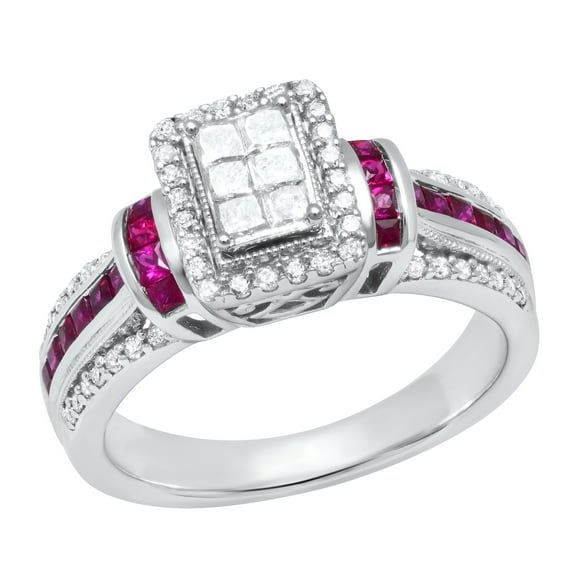Dazzlingrock Collection Princess Ruby with Round & Princess White Diamond Engagement Ring for Women (0.50 ctw, Color I-J, Clarity I2-I3) in 925 Sterling Silver, Size 6.5