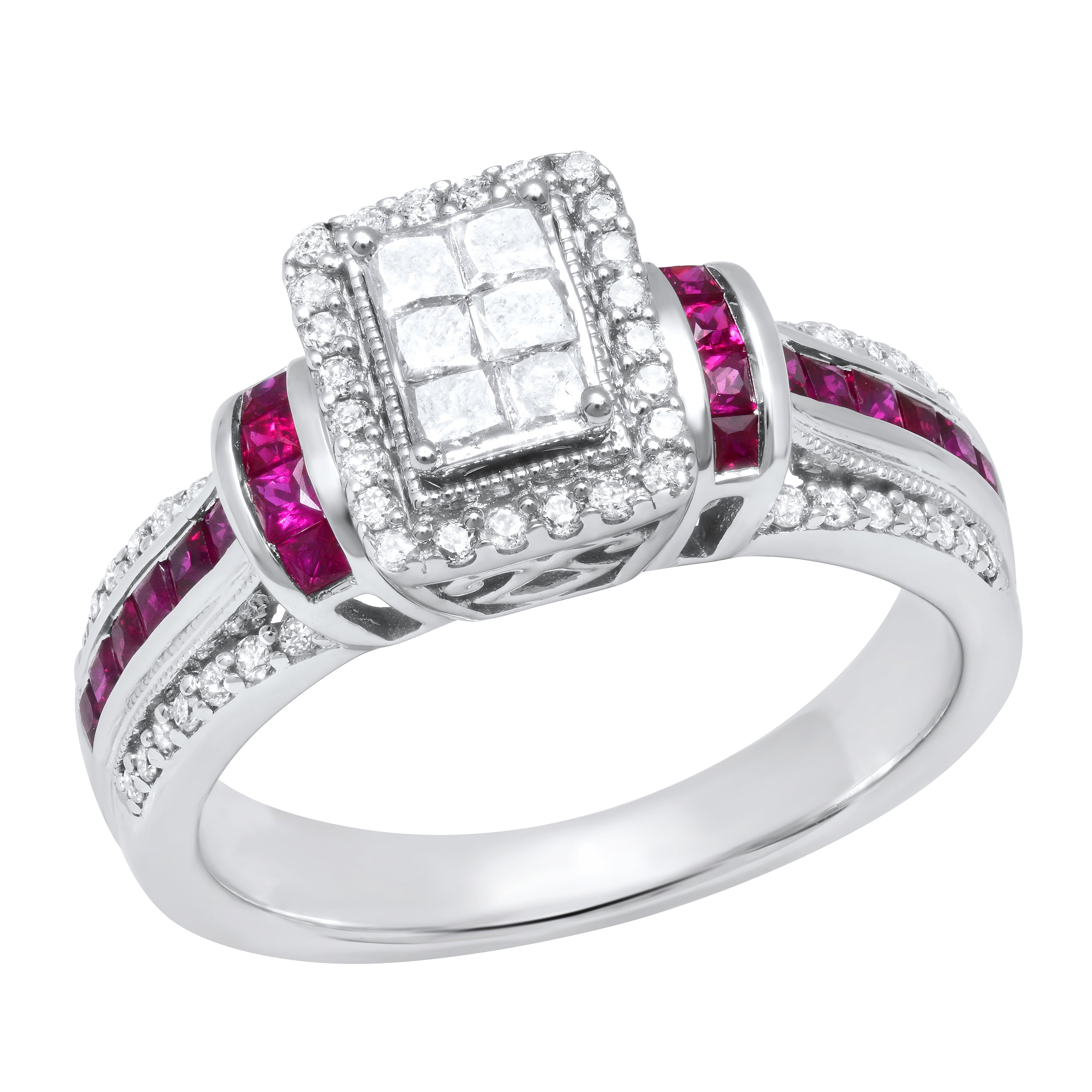 Dazzlingrock Collection Princess Ruby with Round & Princess White Diamond Engagement Ring for Women (0.50 ctw, Color I-J, Clarity I2-I3) in 925 Sterling Silver, Size 7.5