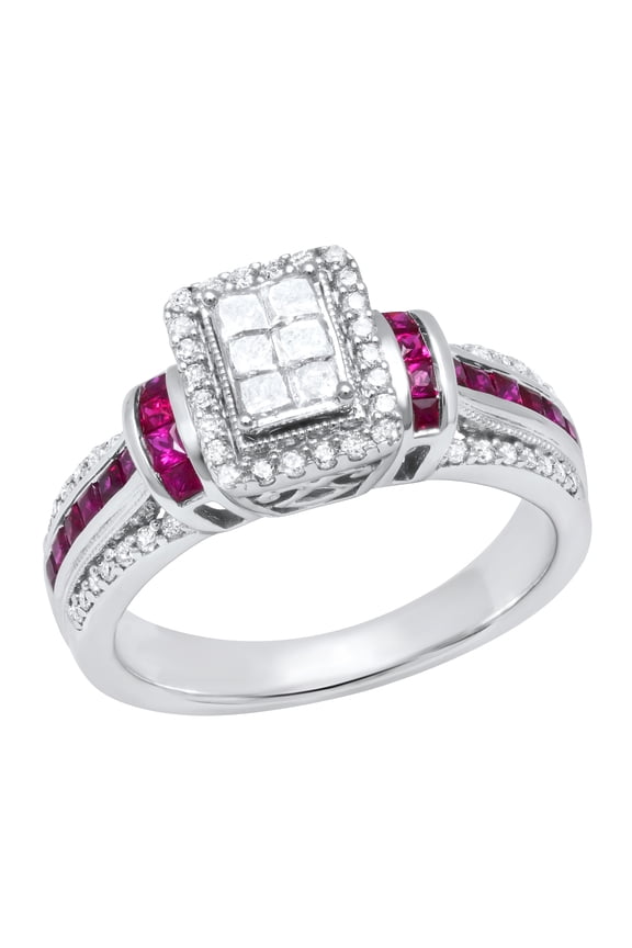Collection Princess Ruby with Round & Princess White Diamond Engagement Ring for Women (0.50 ctw, Color I-J, Clarity I2-I3) in 925 Sterling Silver, Size 9
