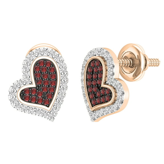 Dazzlingrock Collection Round 0.20 Carat (ctw) Red Diamond & White Diamond Dual Heart Shaped Screwback Stud Earrings for Women (Color I-J, Clarity I2-I3) in 10K Rose Gold
