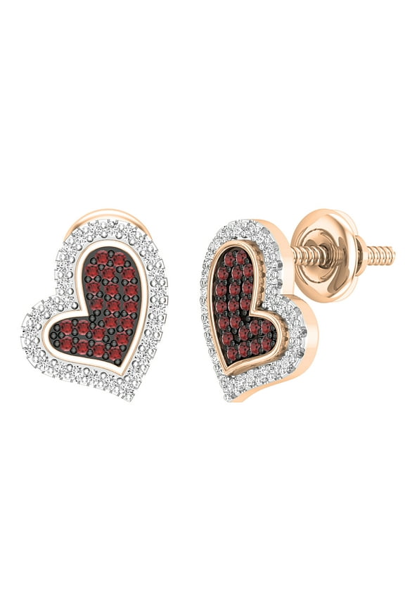 Collection Round 0.20 Carat (ctw) Red Diamond & White Diamond Dual Heart Shaped Screwback Stud Earrings for Women (Color I-J, Clarity I2-I3) in 10K Rose Gold