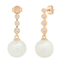 Dazzlingrock Collection Round 10mm Cultured Freshwater Pearl & 0.21 CT White Diamond Each Graduating Dangle Drop Push Back Earrings for Women in 10K Rose Gold