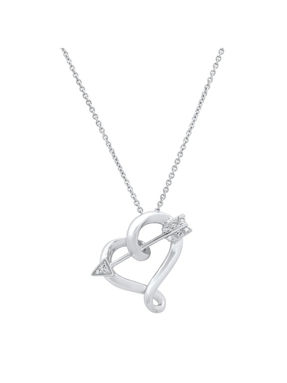 Collection Round Accent White Diamond Cupid Arrow Heart Pendant with 18 Inch Silver Chain for Women in 925 Sterling Silver