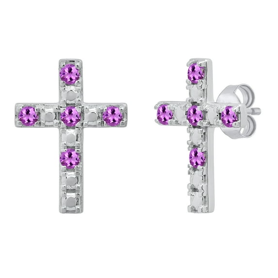 Dazzlingrock Collection Round Amethyst 5 Stone Religious Cross Pushback Stud Earrings for Women (Color Purple, Clarity Moderately Included) in 925 Sterling Silver