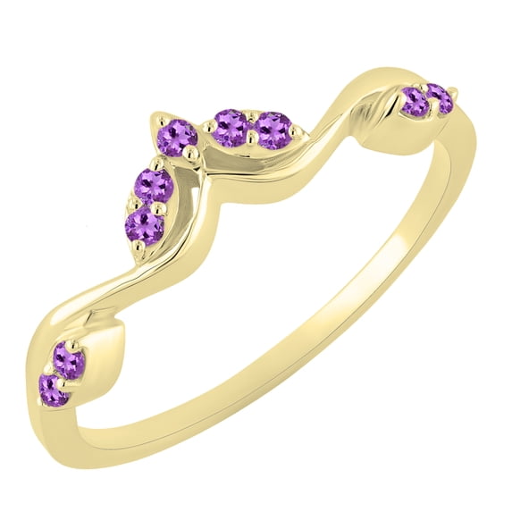 Dazzlingrock Collection Round Amethyst Leaf Design Curved Fashion Wedding Band for Women (Color Purple, Clarity Moderately Included) in 14K Yellow Gold, Size 8