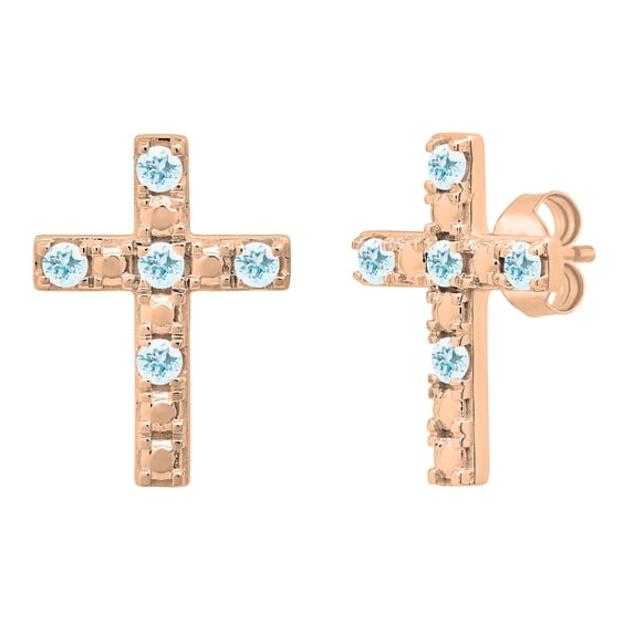 Dazzlingrock Collection Round Aquamarine 5 Stone Religious Cross Pushback Stud Earrings for Women (Color Blue, Clarity Moderately Included) in 10K Rose Gold