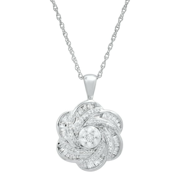Dazzlingrock Collection Round & Baguette White Diamond Swirl Cluster Flower Pendant for Women with 18 Inch Silver Chain (0.50 ctw, Color I-J, Clarity I2-I3) in 925 Sterling Silver