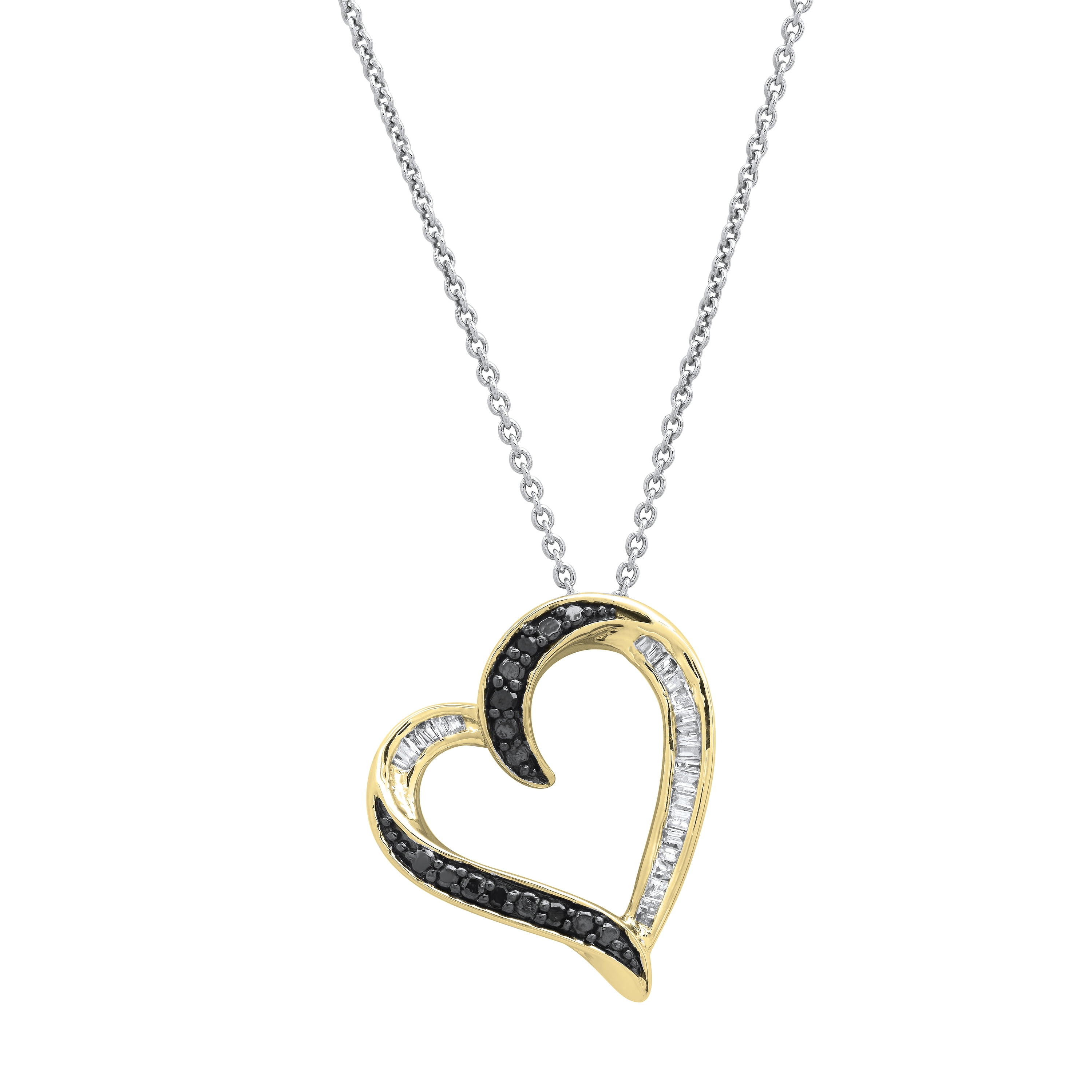 Dazzlingrock Collection Round Black & Baguette White Diamond Tilted Heart Pendant with 18 Inch Silver Chain for Women (0.20 ctw, Color I-J, Clarity I1-I2) in 14K Yellow Gold