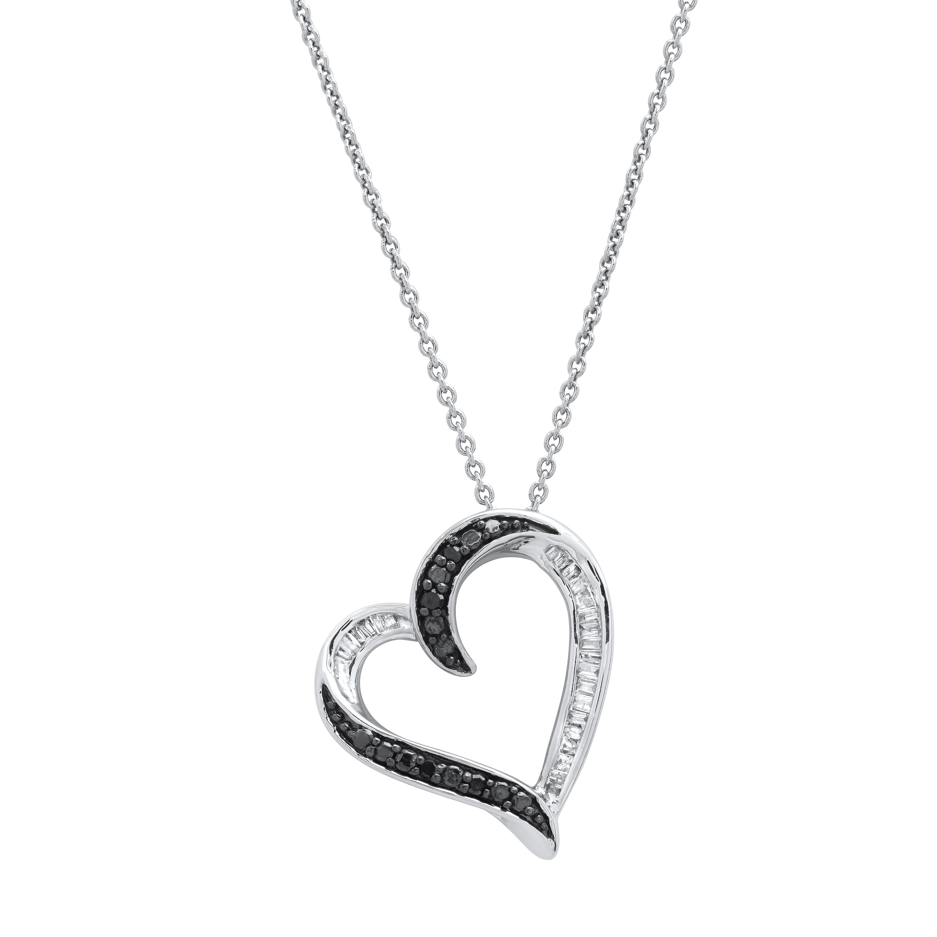 Dazzlingrock Collection Round Black & Baguette White Diamond Tilted Heart Pendant with 18 Inch Silver Chain for Women (0.20 ctw, Color I-J, Clarity I2-I3) in 925 Sterling Silver