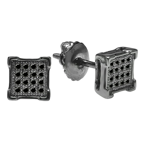 Dazzlingrock Collection Round Black Diamond Cluster Square Frame V-Prong Unisex Screwback Stud Earrings (0.10 ctw, Color Black, Clarity Opaque), Black Plated 18K White Gold