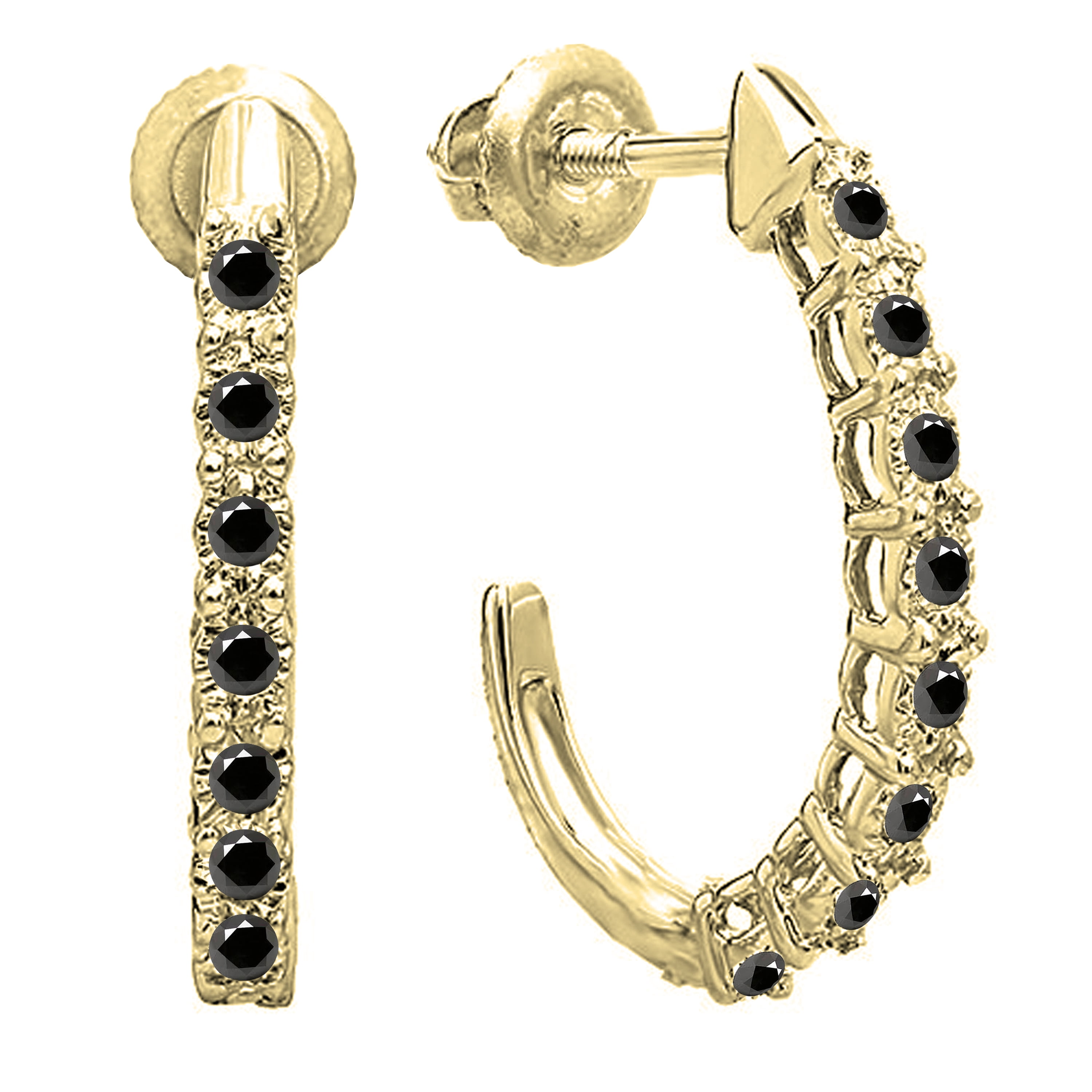 Dazzlingrock Collection Round Black Diamond Fancy J Shaped Classic Screwback Hoop Earrings for Women (0.15 ctw, Color Black, Clarity Opaque) in 10K Yellow Gold