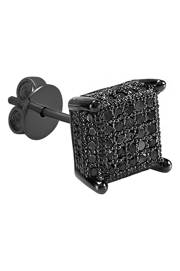 Collection Round Black Diamond Ice Cube Hip Hop Pushback Stud Earring for Men (1Pc Only, 0.25 ctw, Color Black, Clarity Opaque) in Black Plated 14K White Gold