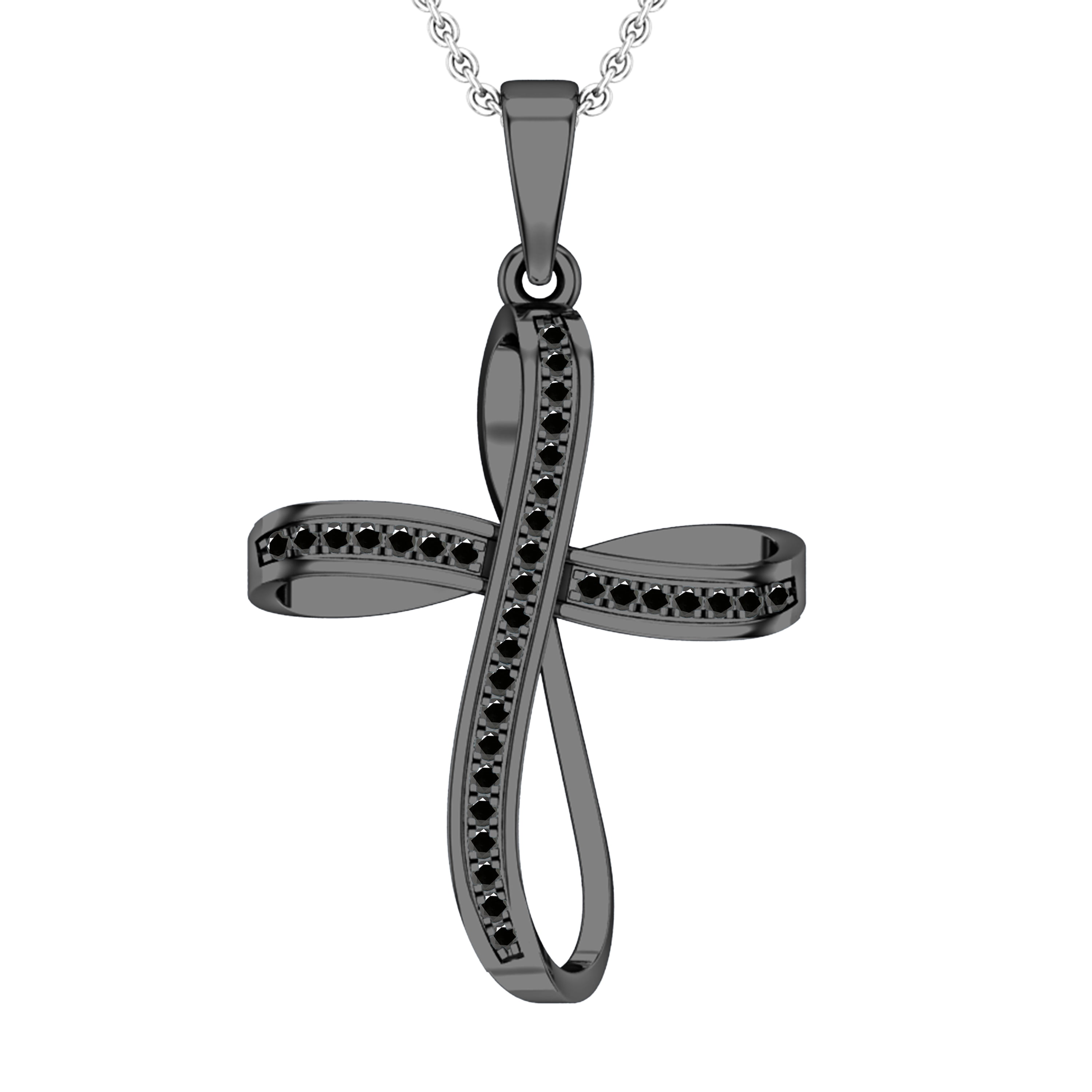 Dazzlingrock Collection Round Black Diamond Infinity Ribbon Cross Pendant with 18 Inch Silver Chain for Women (0.13 ctw, Color Black, Clarity Opaque) in Black Plated 925 Sterling Silver
