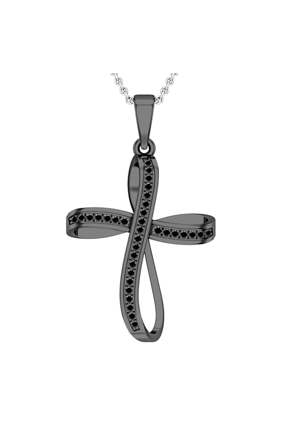 Collection Round Black Diamond Infinity Ribbon Cross Pendant with 18 Inch Silver Chain for Women (0.13 ctw, Color Black, Clarity Opaque) in Black Plated 925 Sterling Silver