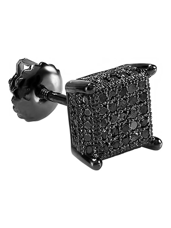 Collection Round Black Diamond Men Stud Earring 1Pc Only, Black Plated Sterling Silver