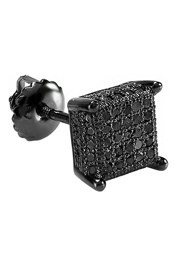 Collection Round Black Diamond Men Stud Earring 1Pc Only, Black Plated Sterling Silver