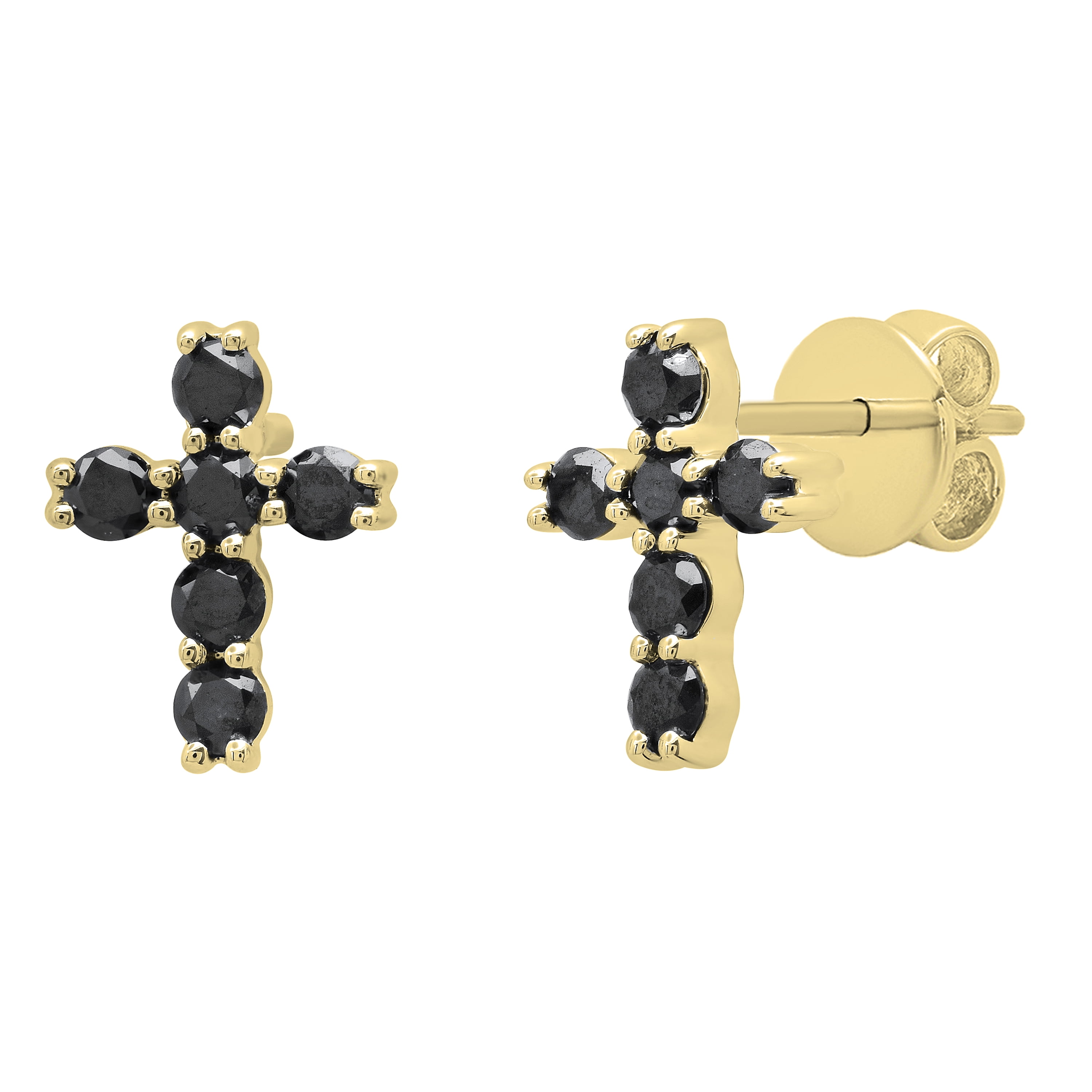 Dazzlingrock Collection Round Black Diamond Mini Cross Pushback Stud Earrings for Women (0.35 ctw, Color Black, Clarity Opaque) in 14K Yellow Gold