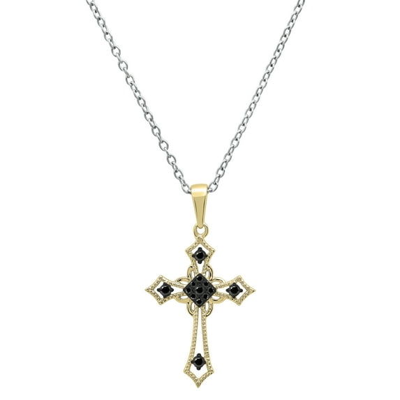 Dazzlingrock Collection Round Black Diamond Religious Cross Slider Pendant for Women with 18 Inch Silver Chain (0.10 ctw, Color Black, Clarity Opaque) in 10K Yellow Gold