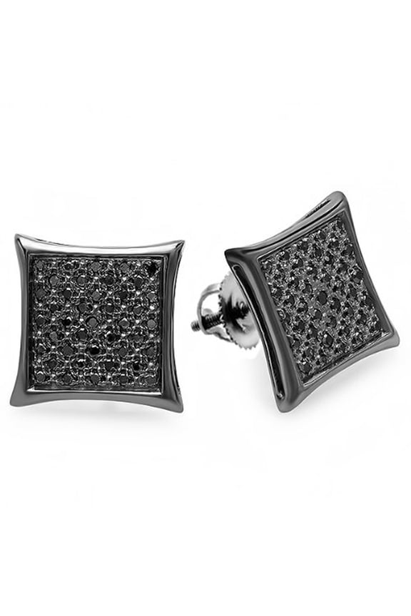 Collection Round Black Diamond Stud Earrings for Men, Black Plated Sterling Silver