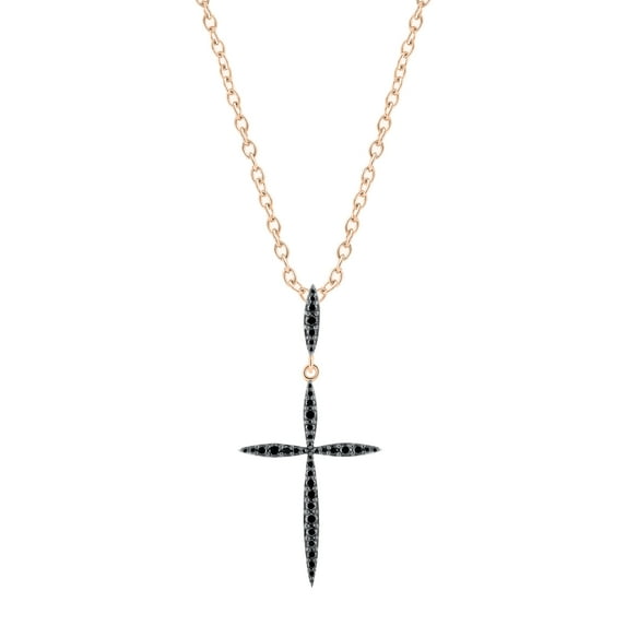 Dazzlingrock Collection Round Black Diamond Twisting Religious Cross Pendant for Women 18 Inch Gold Chain (0.32 ctw, Color Black, Clarity Opaque) in 18K Rose Gold