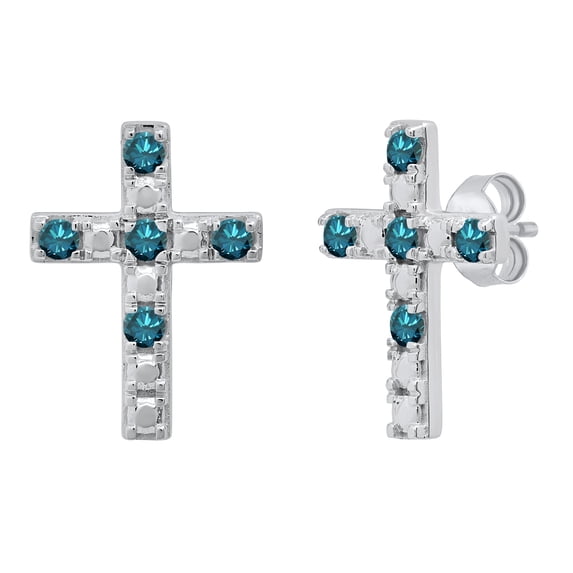 Dazzlingrock Collection Round Blue Diamond 5 Stone Religious Cross Pushback Stud Earrings for Women (0.53 ctw, Color Blue, Clarity I2-I3) in 18K White Gold