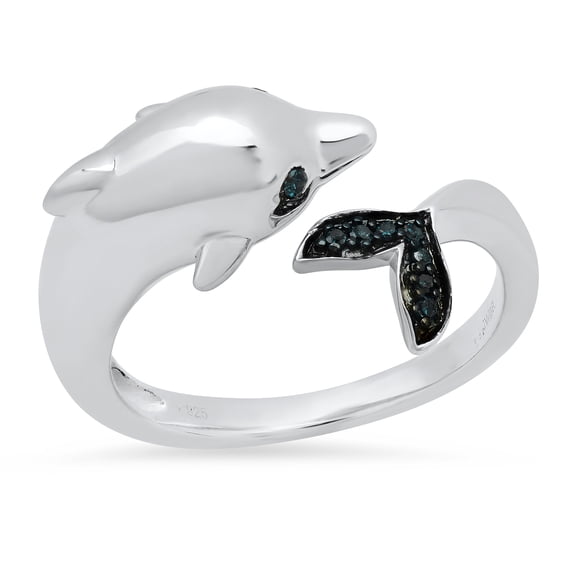Dazzlingrock Collection Round Blue Diamond Bridal Dolphin Bypass Right Hand Ring for Women (0.05 ctw, Color Blue, Clarity I2-I3) in 925 Sterling Silver, Size 4