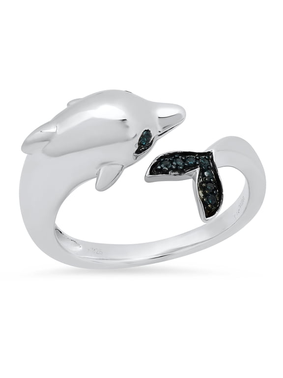 Collection Round Blue Diamond Bridal Dolphin Bypass Right Hand Ring for Women (0.05 ctw, Color Blue, Clarity I2-I3) in 925 Sterling Silver, Size 7