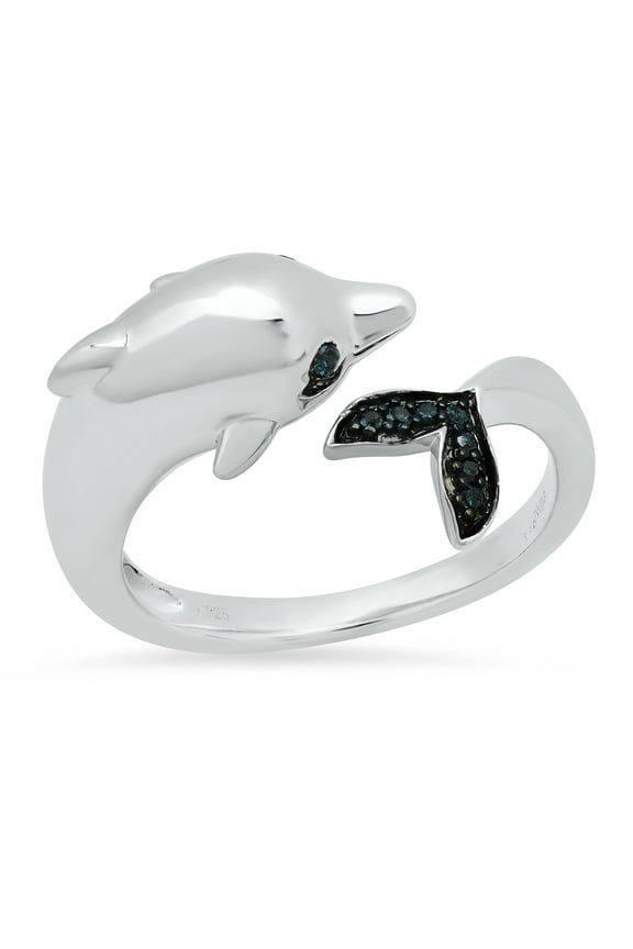 Collection Round Blue Diamond Bridal Dolphin Bypass Right Hand Ring for Women (0.05 ctw, Color Blue, Clarity I2-I3) in 925 Sterling Silver, Size 7