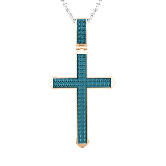 Dazzlingrock Collection Round Blue Diamond Classic Traditional Cross Faith & Fashion Charm Pendant for Men with 18 Inch Silver Chain (0.25 ctw, Color Blue, Clarity I2-I3) in 18K Rose Gold