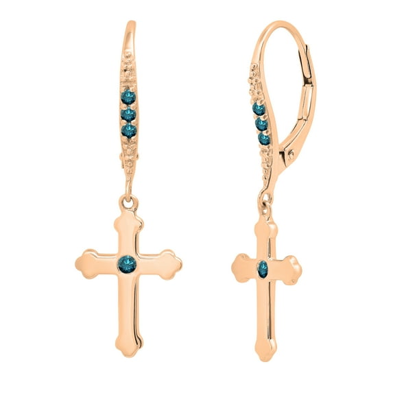 Dazzlingrock Collection Round Blue Diamond Cross Drop Unisex Earrings (0.14 ctw, Color Blue, Clarity I2-I3) in 14K Rose Gold