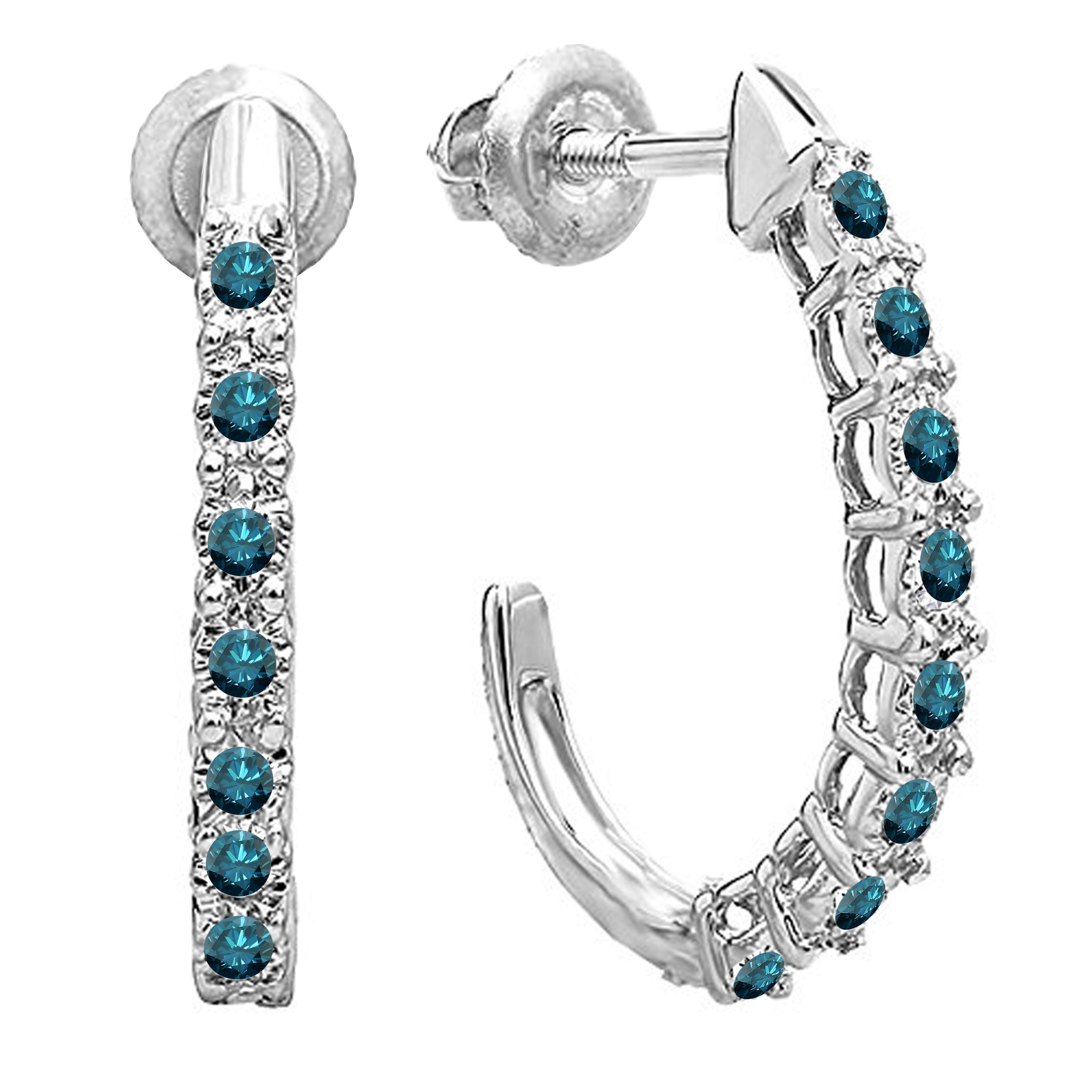 Dazzlingrock Collection Round Blue Diamond Fancy J Shaped Classic Screwback Hoop Earrings for Women (0.15 ctw, Color Blue, Clarity I2-I3) in 18K White Gold