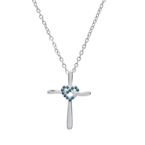 Dazzlingrock Collection Round Blue Diamond Heart With Cross Pendant for Women with 18 Inch Gold Chain (0.05 ctw, Color Blue, Clarity I2-I3) in 14K White Gold