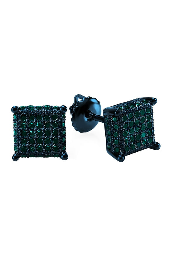 Collection Round Blue Diamond Hip Hop Stud Earrings for Men, Blue Plated 18K White Gold