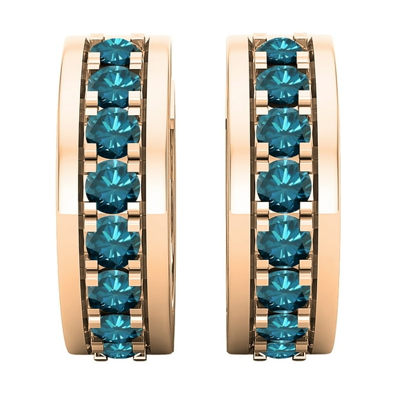 Dazzlingrock Collection Round Blue Diamond Huggies Hoop Earrings for Women (1.45 ctw, Color Blue, Clarity I2-I3) in 18K Rose Gold