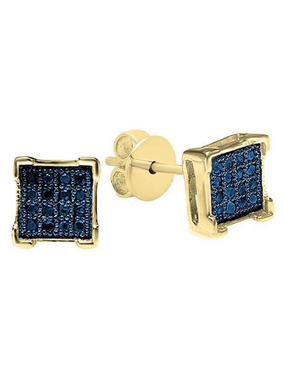 Collection Round Blue Diamond Mini Square Shape Pushback Unisex Stud Earrings (0.05 ctw, Color Blue, Clarity I2-I3) in 10K Yellow Gold