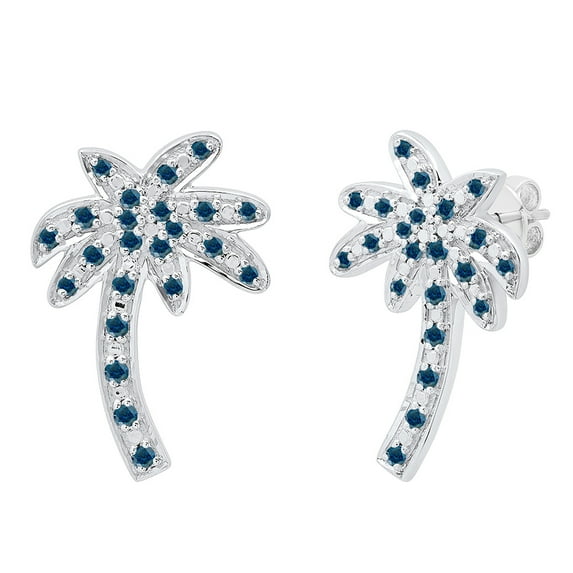 Dazzlingrock Collection Round Blue Diamond Palm Tree Pushback Stud Earrings for Women (0.30 ctw, Color Blue, Clarity I2-I3) in 925 Sterling Silver