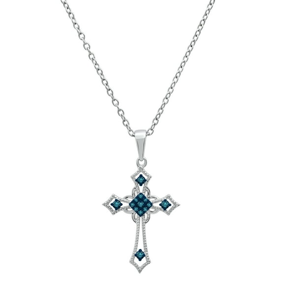 Dazzlingrock Collection Round Blue Diamond Religious Cross Slider Pendant for Women with 18 Inch Gold Chain (0.10 ctw, Color Blue, Clarity I2-I3) in 18K White Gold