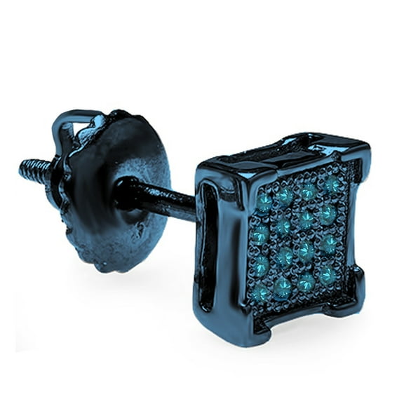 Dazzlingrock Collection Round Blue Diamond Square Shape Iced Unisex Screwback Stud Earring (Only 1Pc, 0.05 ctw, Color Blue, Clarity I2-I3), Blue Plated 925 Sterling Silver