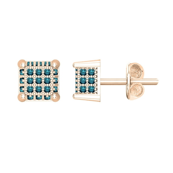 Dazzlingrock Collection Round Blue Diamond Square Shaped Cluster Pushback Unisex Stud Earrings (0.20 ctw, Color Blue, Clarity I2-I3) in 18K Rose Gold