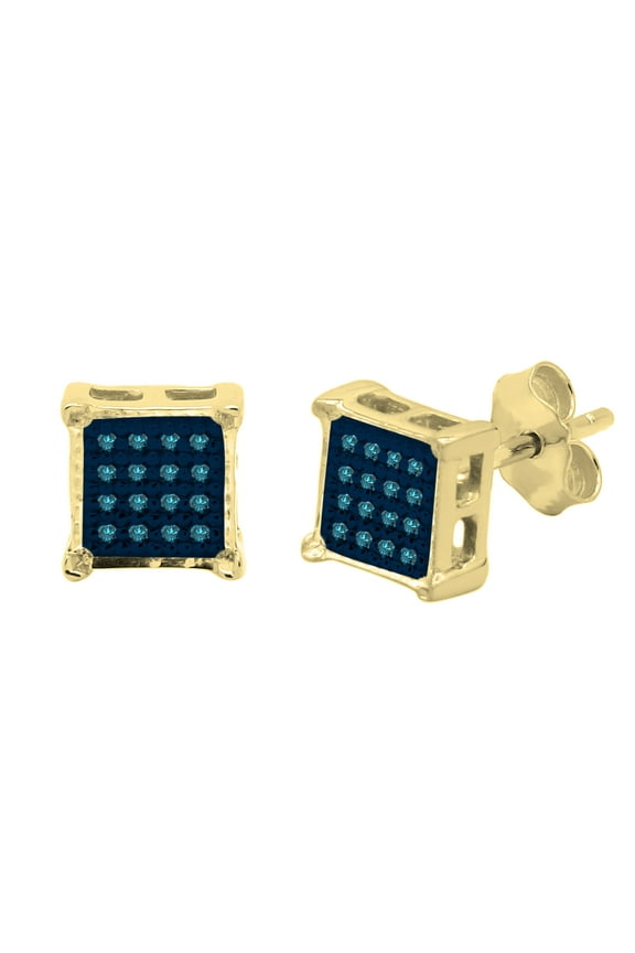 Collection Round Blue Diamond Stud Earrings For Men 18K Yellow Plated Sterling Silver