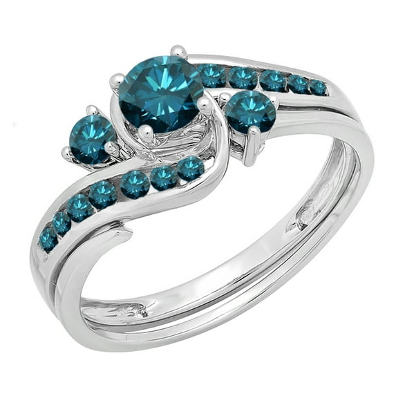 Dazzlingrock Collection Round Blue Diamond Swirl Bridal Engagement Ring Set for Women (0.90 ctw, Color Blue, Clarity I2-I3) in 18K White Gold, Size 5.5