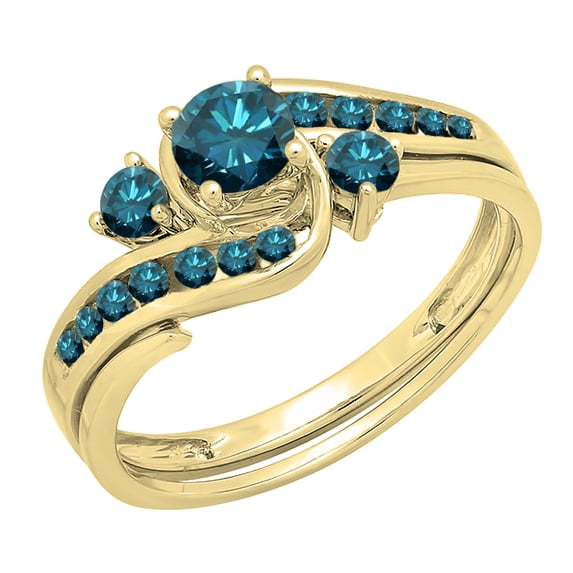 Dazzlingrock Collection Round Blue Diamond Swirl Bridal Engagement Ring Set for Women 7/8 CT (0.90 ct. Color Blue in Clarity I2-I3) in 14K Yellow Gold in Size 7