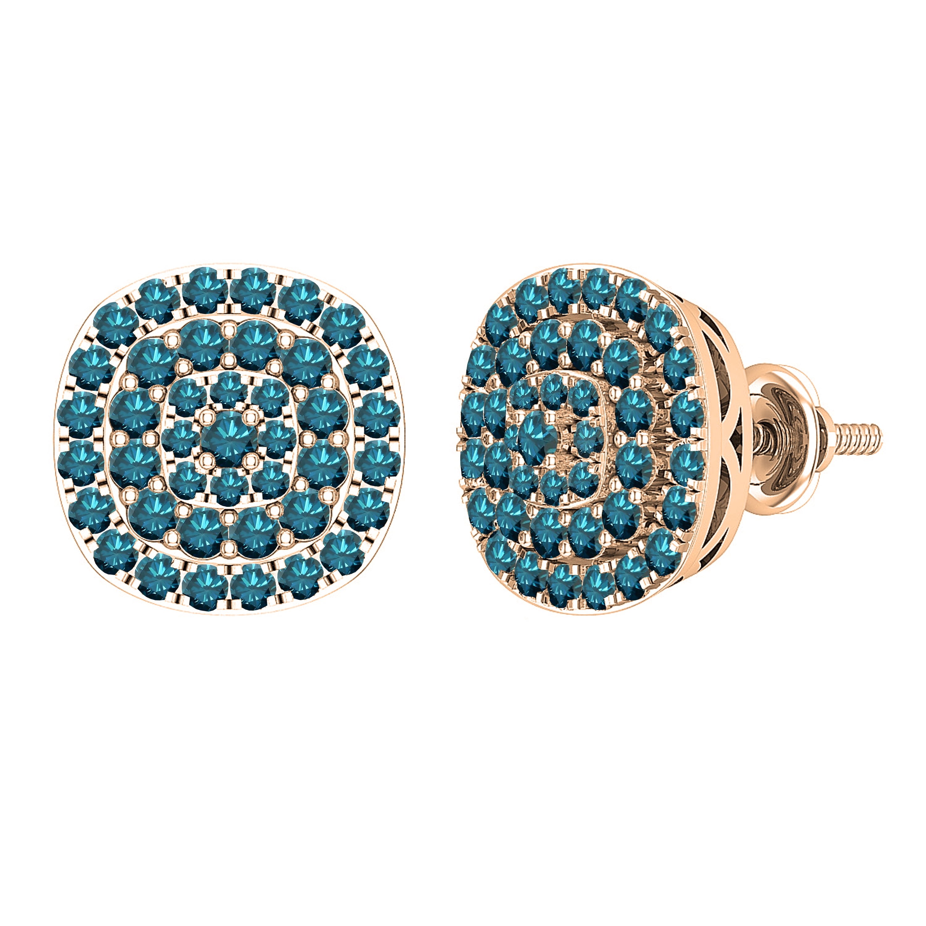 Dazzlingrock Collection Round Blue Diamond Triple Halo Cluster Screwback Stud Earrings for Women (0.95 ctw, Color Blue, Clarity I2-I3) in 10K Rose Gold