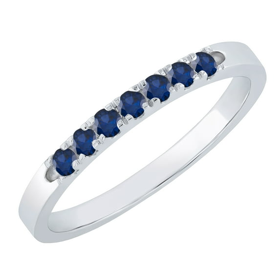 Dazzlingrock Collection Round Blue Sapphire 7 Stone Stackable Wedding Band for Women (Color Blue, Clarity Highly Included) in 18K White Gold, Size 6.5