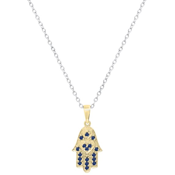 Dazzlingrock Collection Round Blue Sapphire Hamsa Hand Double Heart Dainty Pendant for Women with 18 Inch Silver Chain (Color Blue, Clarity Highly Included) in 18K Yellow Gold