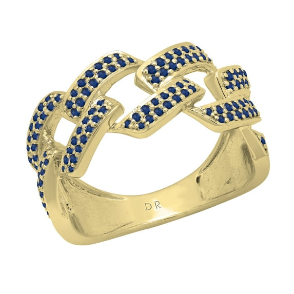 Dazzlingrock Collection Round Blue Sapphire Out Bling Cuban Link Band Ring for Women (Color Blue, Clarity Highly Included) in 10K Yellow Gold, Size 7.5