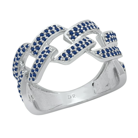 Dazzlingrock Collection Round Blue Sapphire Out Bling Cuban Link Band Ring for Women (Color Blue, Clarity Highly Included) in 925 Sterling Silver, Size 4